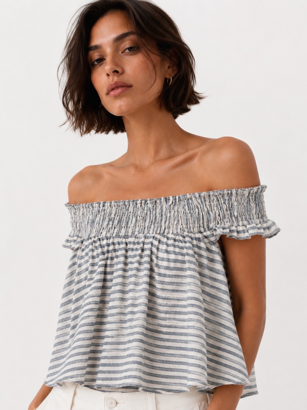 Apiece Apart striped linen off-shoulder cropped ruffle blouse Size XS